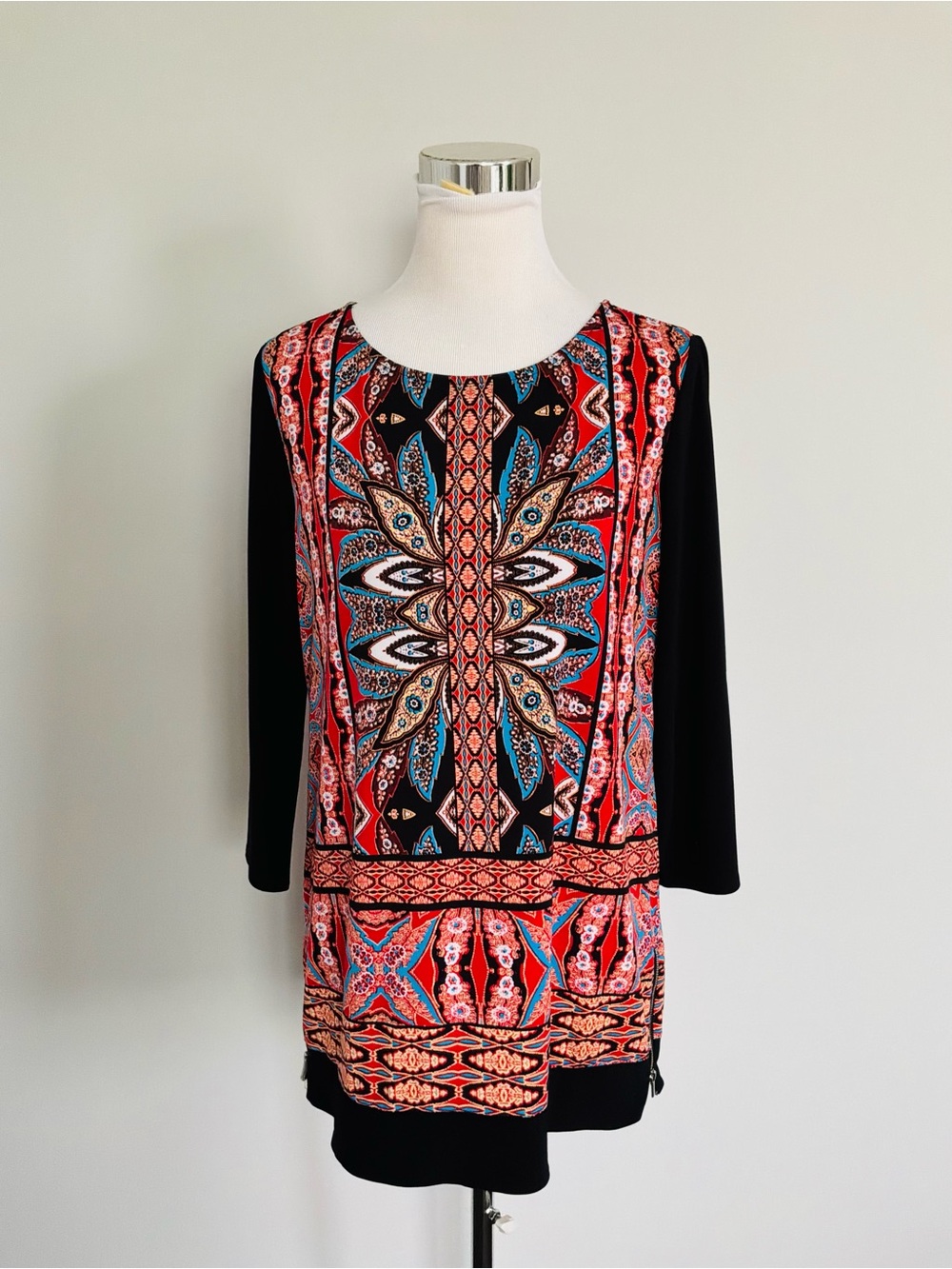 Rafaella Boho Paisley Tunic Whimsical 3/4 Sleeve Geometric Tapestry Shift Top PM